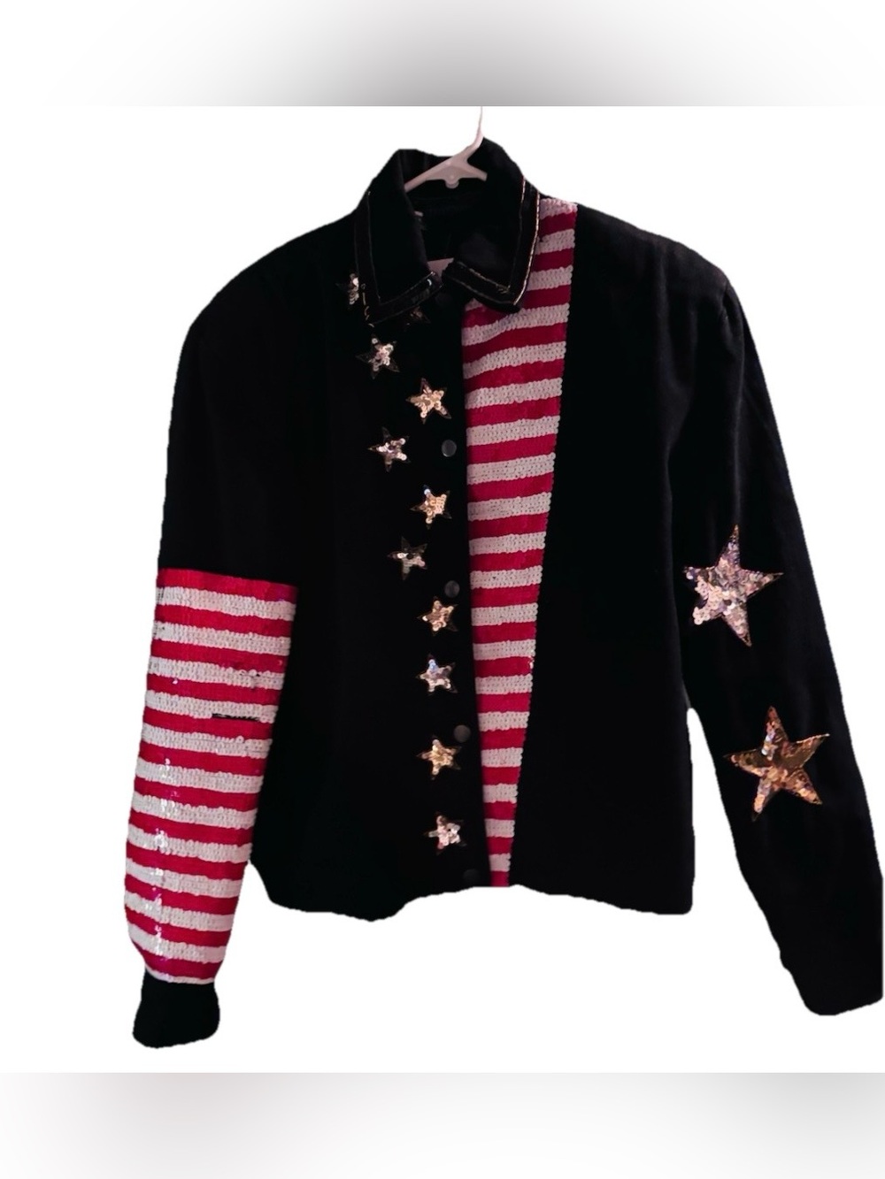 RARE Stars & Stripes Sequin Bomber Jacket Jacket   USA Flying Bald Eagle